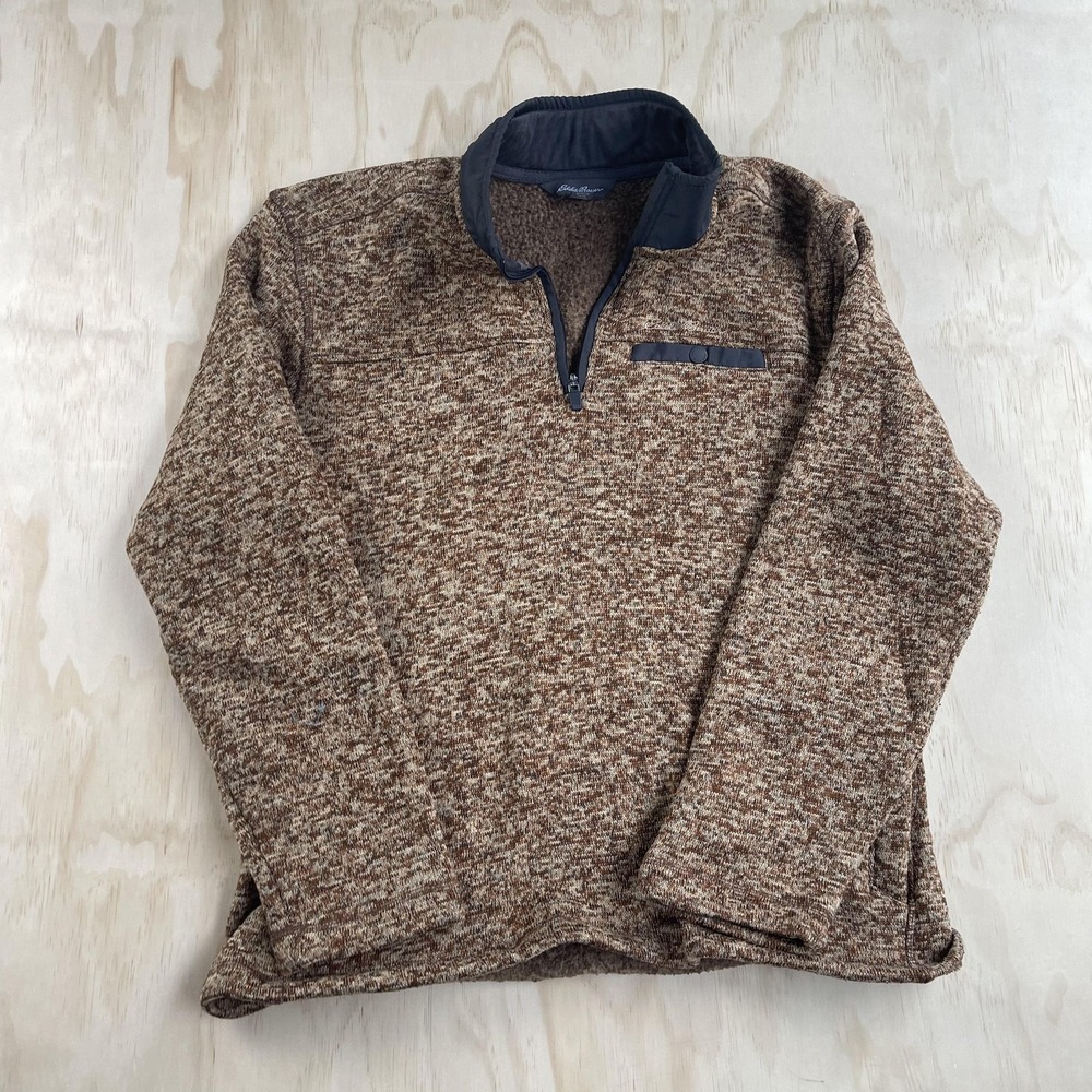 Eddie Bauer Sweater Mens Large Brown 1/4 Zip Mock Neck Knit Pullover Casual